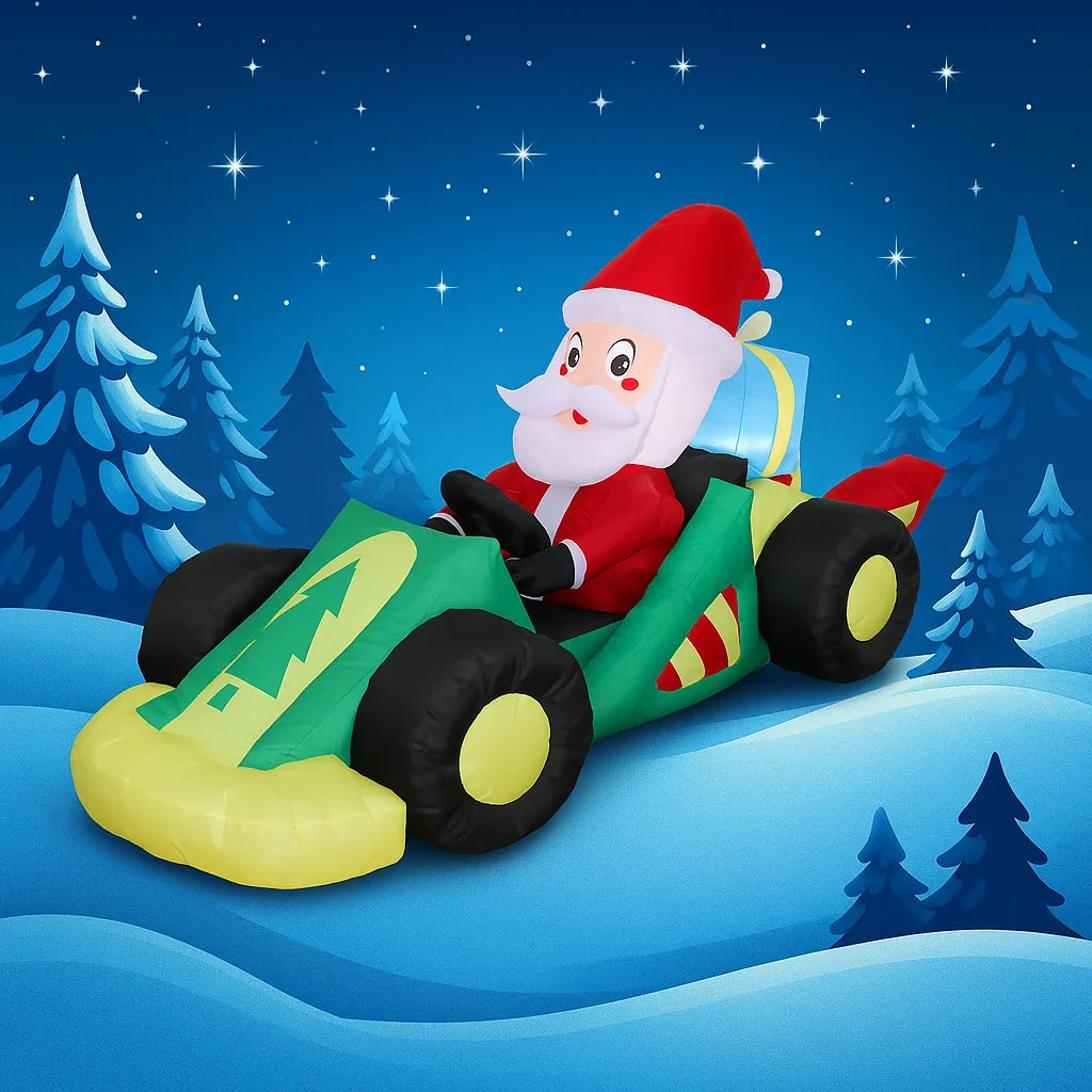 Festliche Weihnachtsdekoration | 7,9 Fuß aufblasbares Rennwagen mit Weihnachtsmann | Auffällige Garten-Deko für große Freude 7