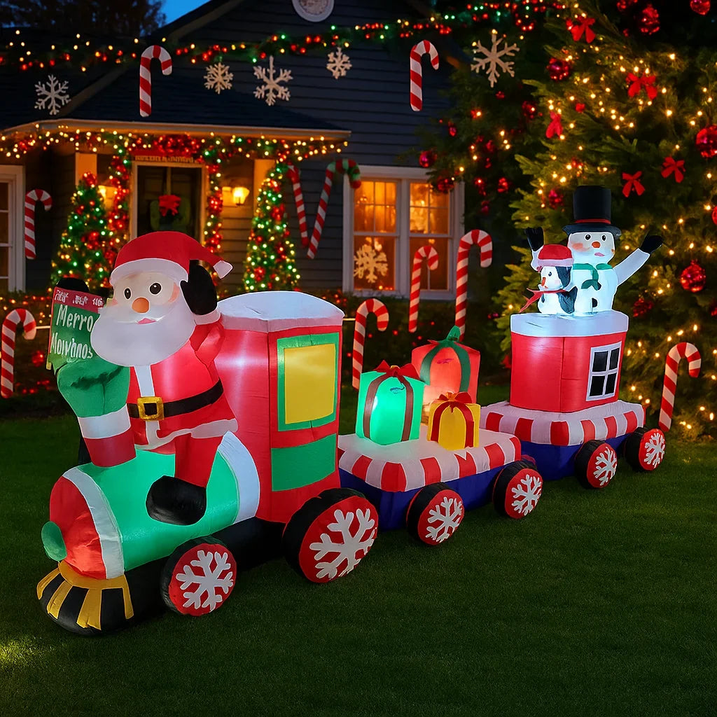Festlicher Weihnachtsmannzug | 2,4 m Aufblasbarer Zug mit LED-Beleuchtung | Bunte Weihnachtsdekoration für den Garten 2