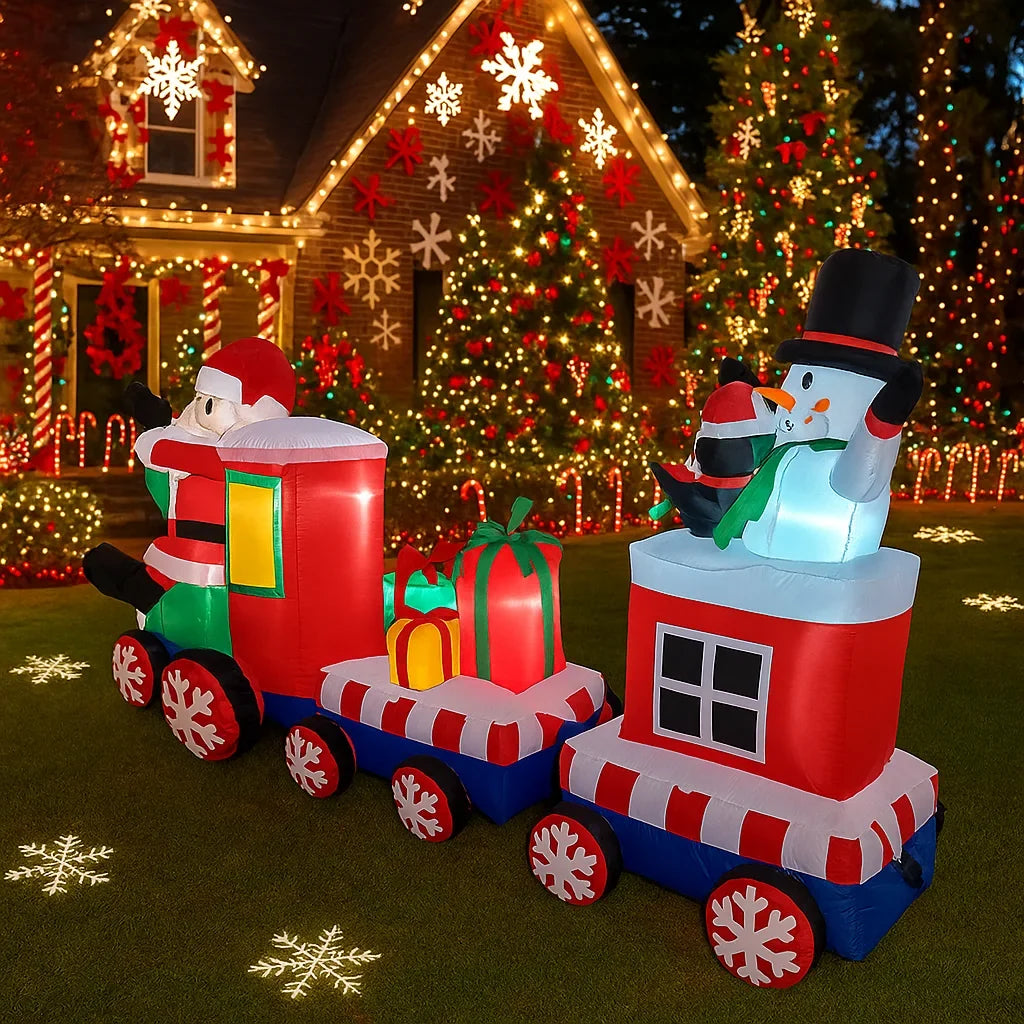 Festlicher Weihnachtsmannzug | 2,4 m Aufblasbarer Zug mit LED-Beleuchtung | Bunte Weihnachtsdekoration für den Garten 8