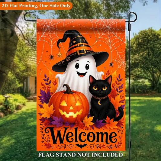 Halloween-Dekoration | Gartenflagge mit Freundlichem Gespenst & Kürbis | Bunte Herbstbegrüßung für Ihren Garten 1