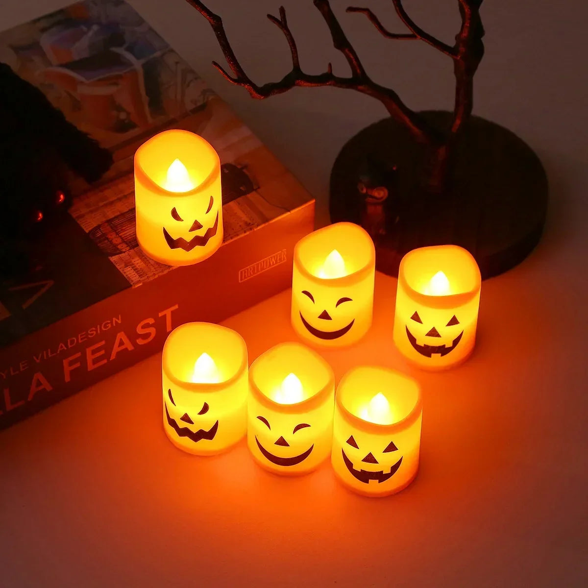 Halloween-Dekoration | LED-Kerzen-Set mit Kürbisgesichtern | Flammenlos für Gruselige Atmosphäre 4
