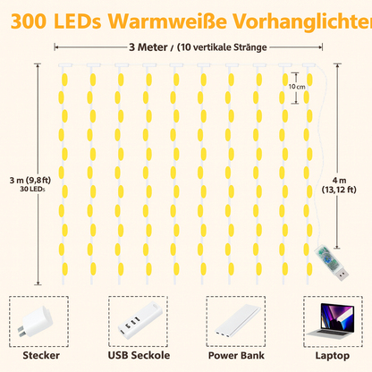 LED Lichtervorhang 3x3 m mit 300 LEDs - Weihnachtsbeleuchtung