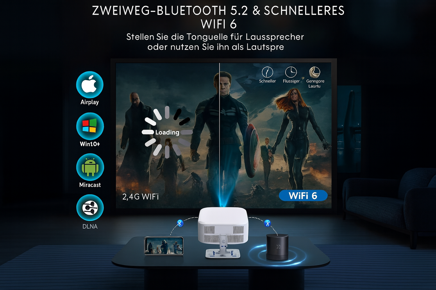 VisionGo Smart Beamer – Android 13, 1080P, WiFi 6, BT 5.2, 12000 Lumen