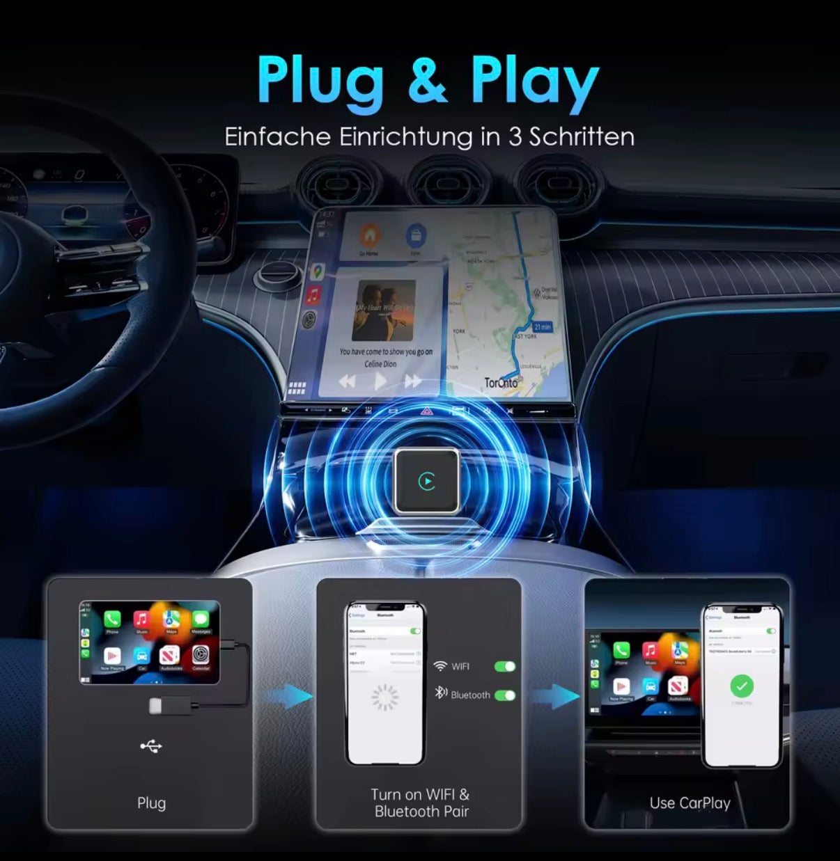 Kabelloser CarPlay & Android Auto Adapter – Plug & Play Dongle für iPhone & Android (USB / USB-C)