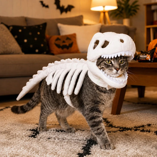 Kreatives Haustierkostüm | Dinosaurier-Skelett mit Leuchteffekt | Lustiges Outfit für Halloween und Mottopartys 7