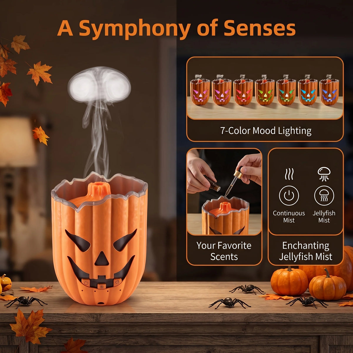 Leuchtender Kürbis-Luftbefeuchter mit Quallen-Nebel | Halloween-Dekoration für Gemütlichkeit 3