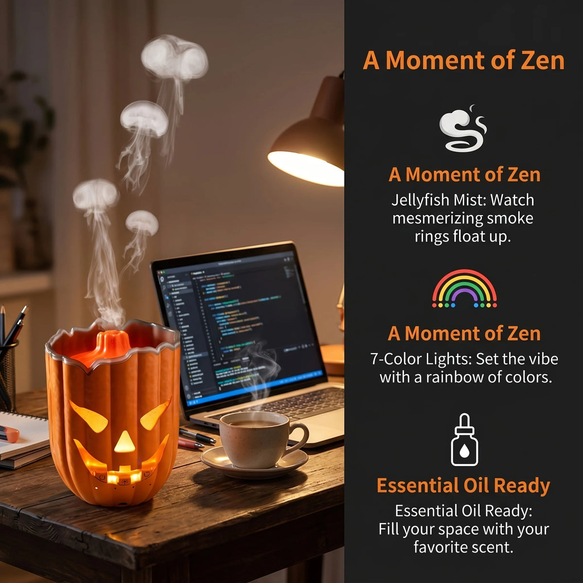 Leuchtender Kürbis-Luftbefeuchter mit Quallen-Nebel | Halloween-Dekoration für Gemütlichkeit 4