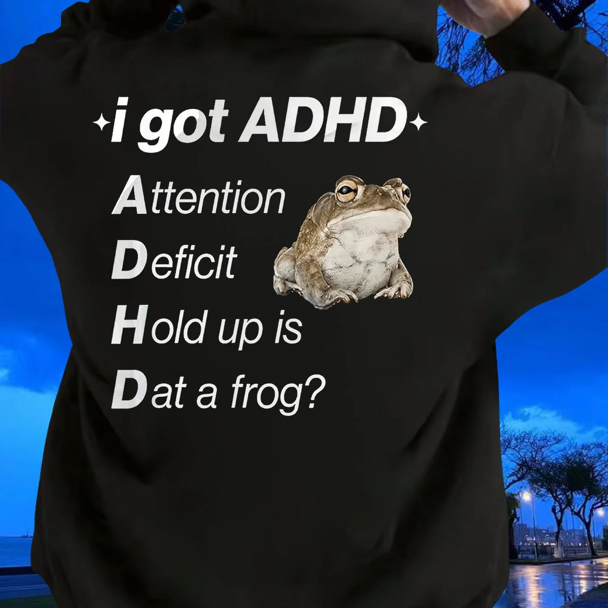 Verspielt | ADHS-Frosch-Meme-Hoodie mit Auffälligem Rückenmotiv | Bequemer Kapuzenpullover für Alltag und Freizeit 1