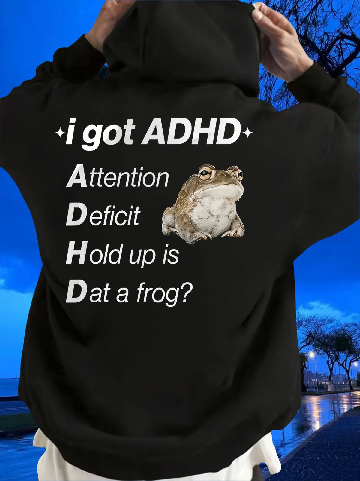 Verspielt | ADHS-Frosch-Meme-Hoodie mit Auffälligem Rückenmotiv | Bequemer Kapuzenpullover für Alltag und Freizeit 2