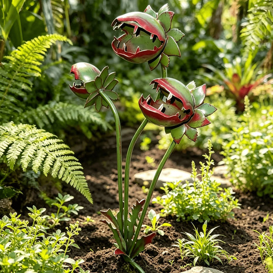 Verspielter Gartenstecker | Dreiköpfige Venusfliegenfalle aus Metall für auffällige Gartendekoration 1