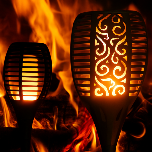 LED Solar Gartenfackeln Outdoor IP65 mit Erdspiess – 2er Set, Warmes Flammenlicht, 350 Lumen, 2200mAh Akku